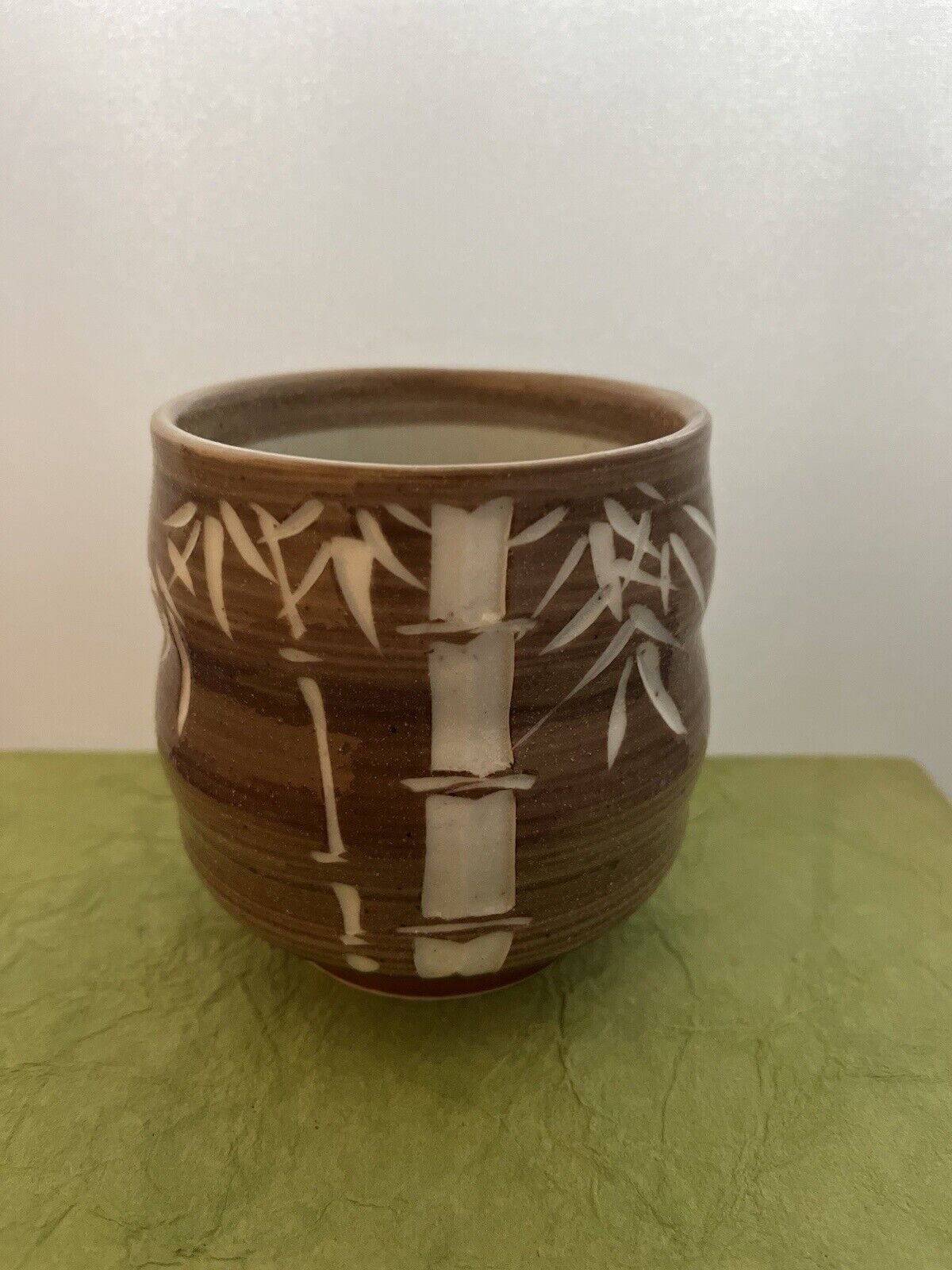 Asian Tea Cup Brown White Bamboo Ceramic 12 oz Vase Planter Tealight Votive