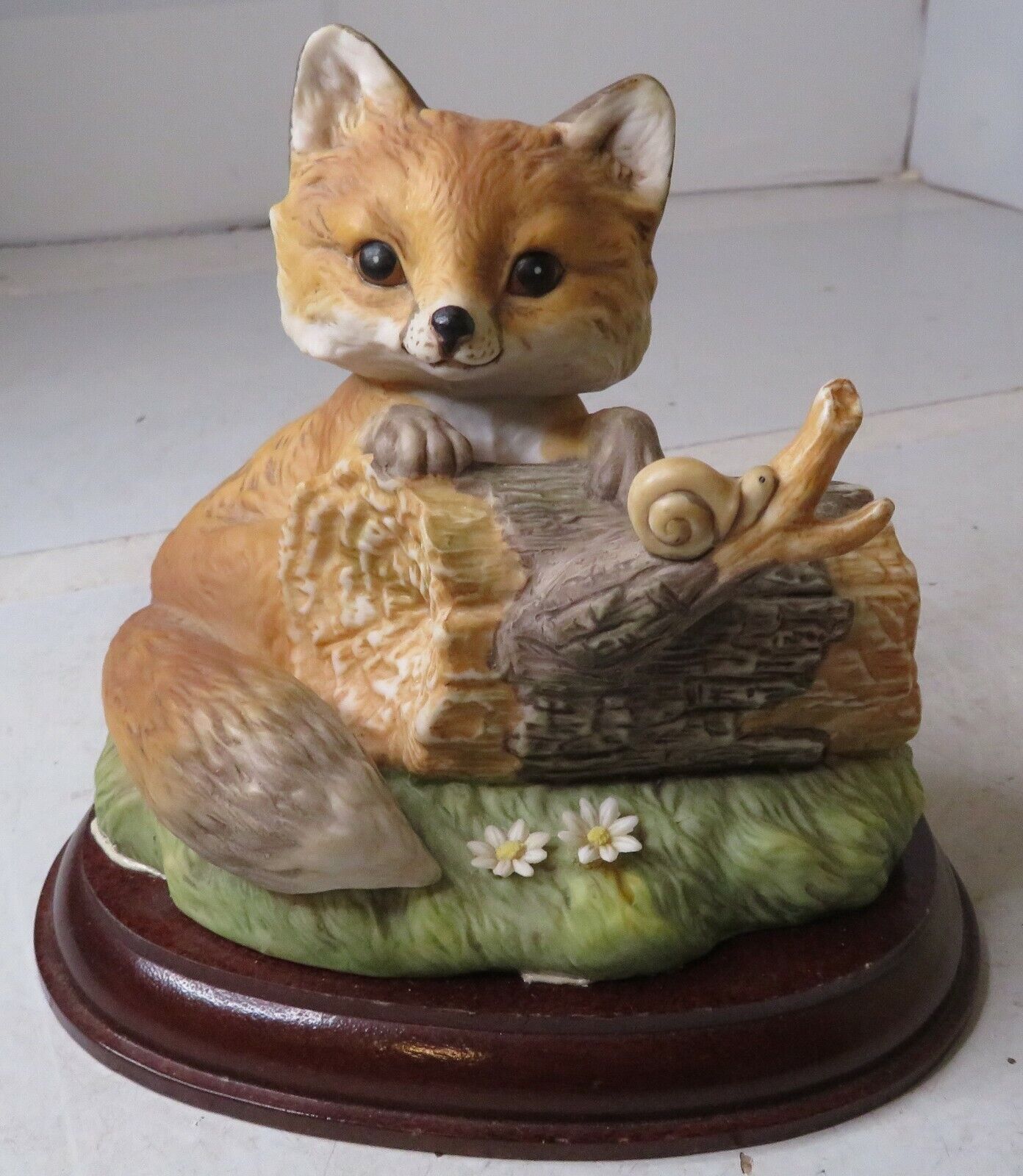 Vintage Rare Figural Fox on Log Snail Wood Base Taiwan 4 1/2\