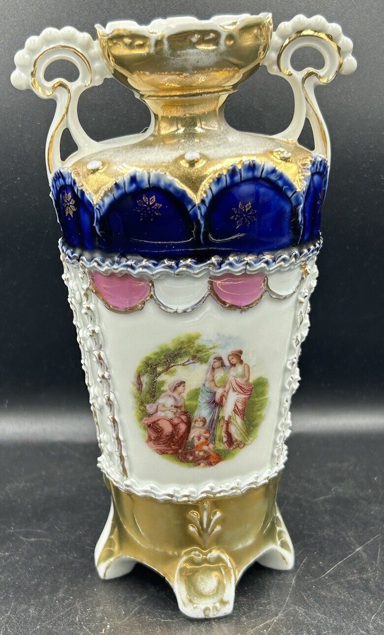 Antique Victorian Cobalt Blue Porcelain Dbl Handled Pedestal Urn Vase 6 3/4”Tall