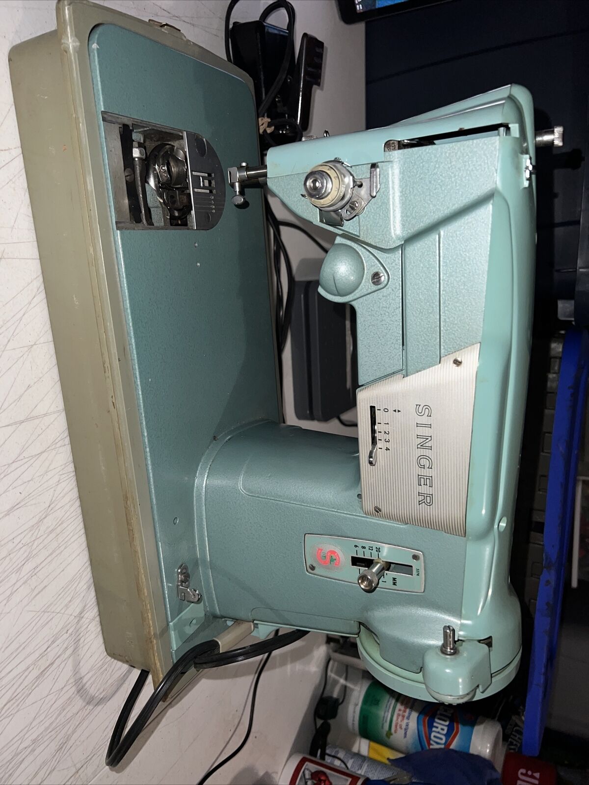 Vintage Singer Sewing Machine Blue 327K with bottom case & foot pedal  