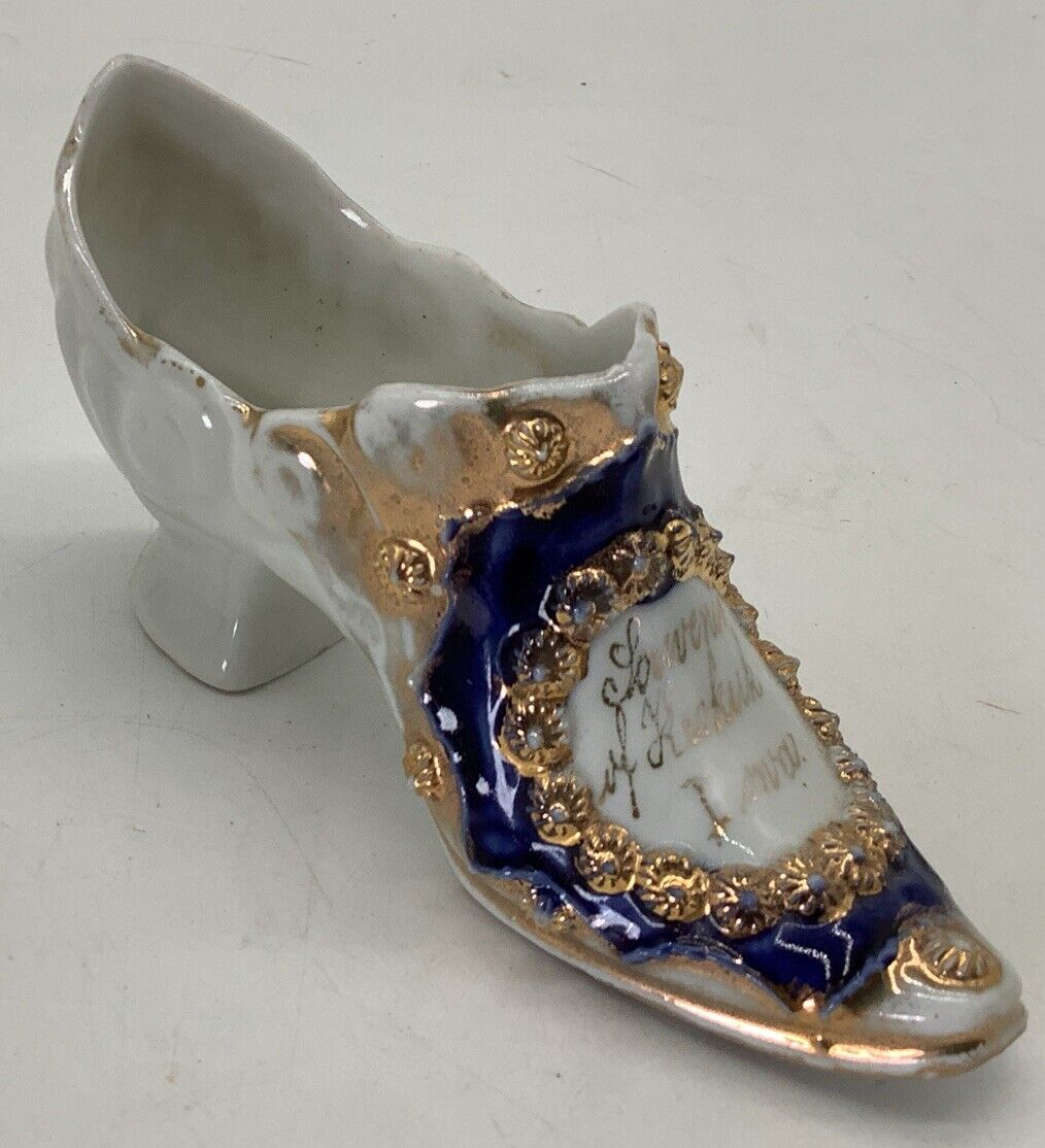 Victorian Style Souvenir Porcelain Shoe Keokuk, IA Germany  Blue Gold 5x2x1.5”