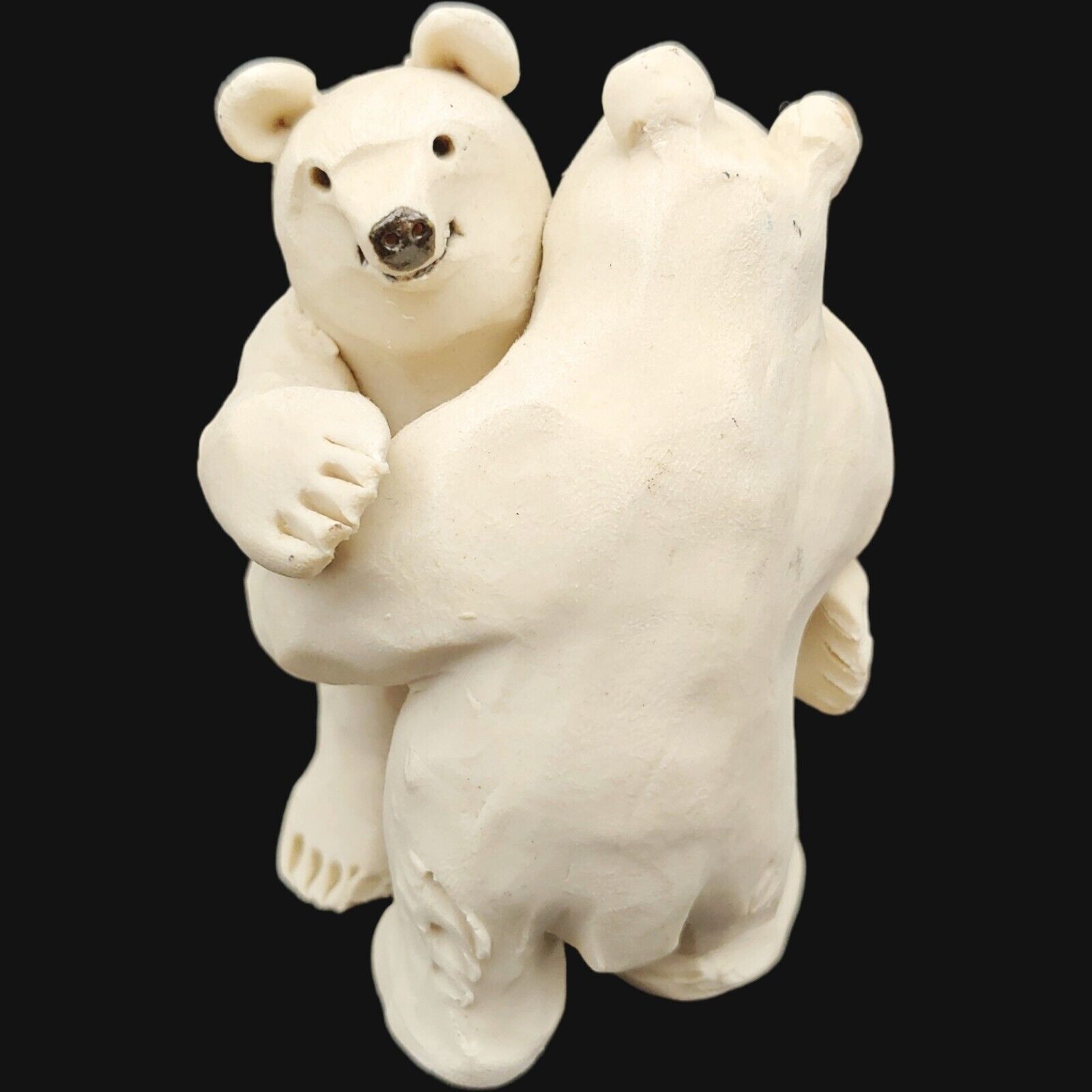 Handmade Signed Pottery Hugging Polar Bears Figurine - 3.5\