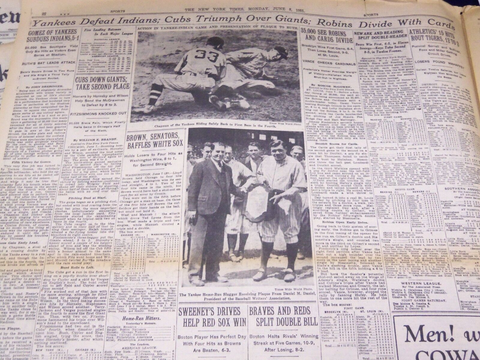 1931 JUNE 8 NEW YORK TIMES - BABE RUTH HONORED WITH PLAQUE - NT 2201