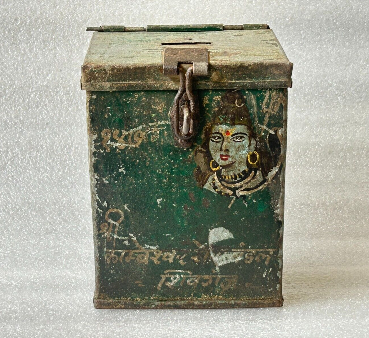 OLD VINTAGE HAND PAINTING GOD SIVYA INDIAN COIN/CASE BOX DAAN PETI IRON TIN BOX