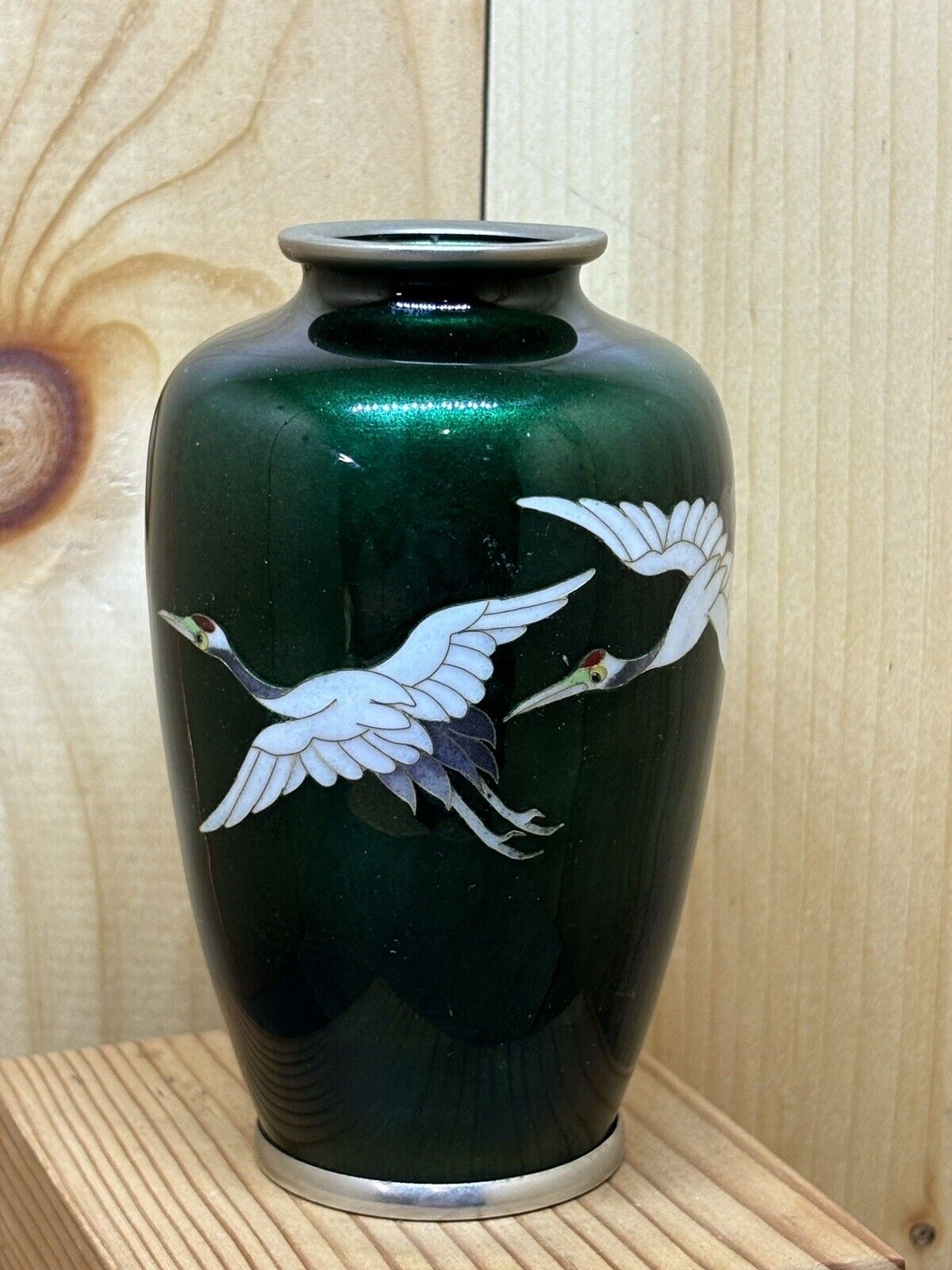 Rare Green Cloisonné CRANE BIRD Pattern Vase 4.8” Japan Beautiful