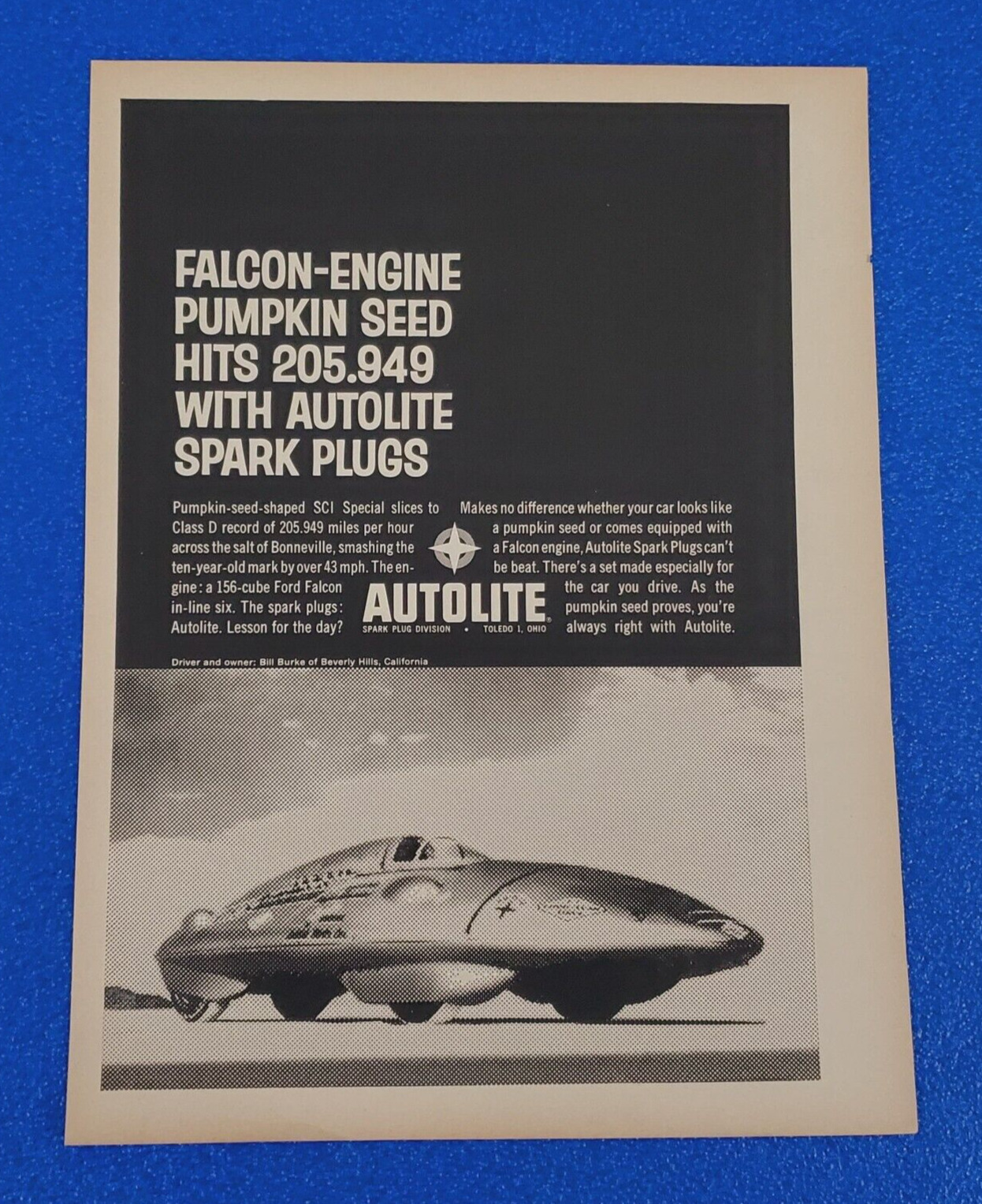 1961 AUTOLITE SPARK PLUG ORIGINAL PRINT AD 205.949 MPH BY BILL BURKE BONNEVILLE