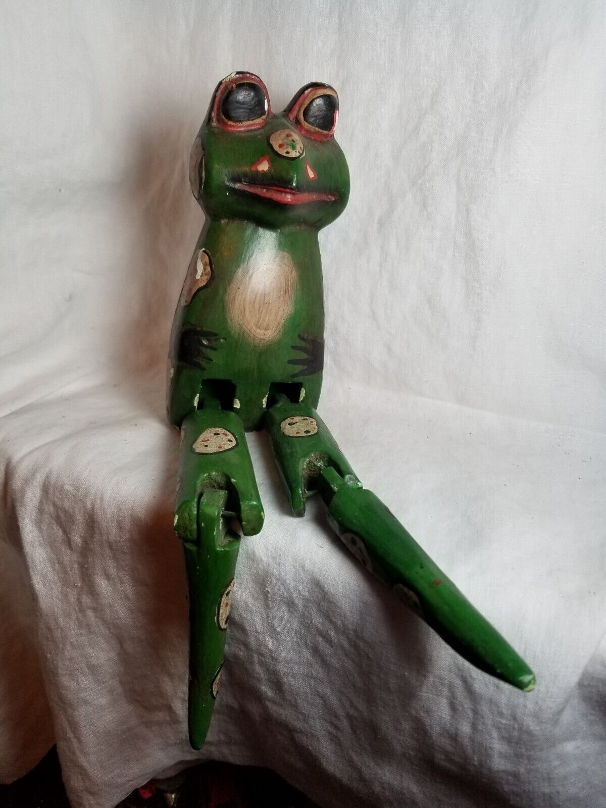 Frog Shelf Sitter Carved Wood Jointed Folk Art Whimsical