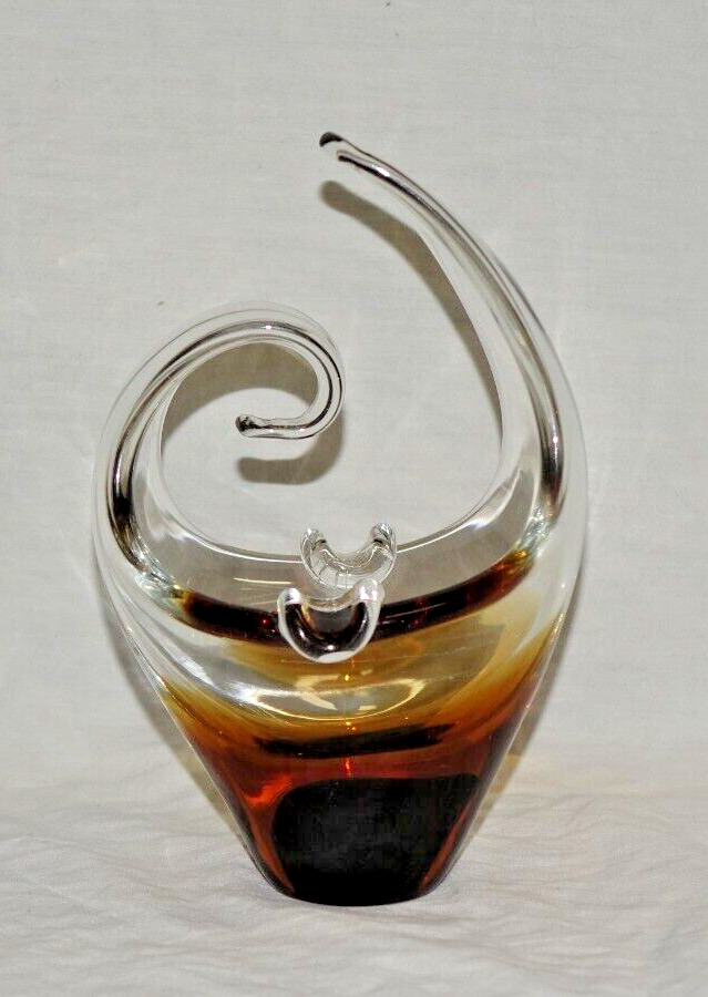 Unique Vintage Art Glass Hand Made Ashtray Root Beer Brown Stretch Swirl Glass