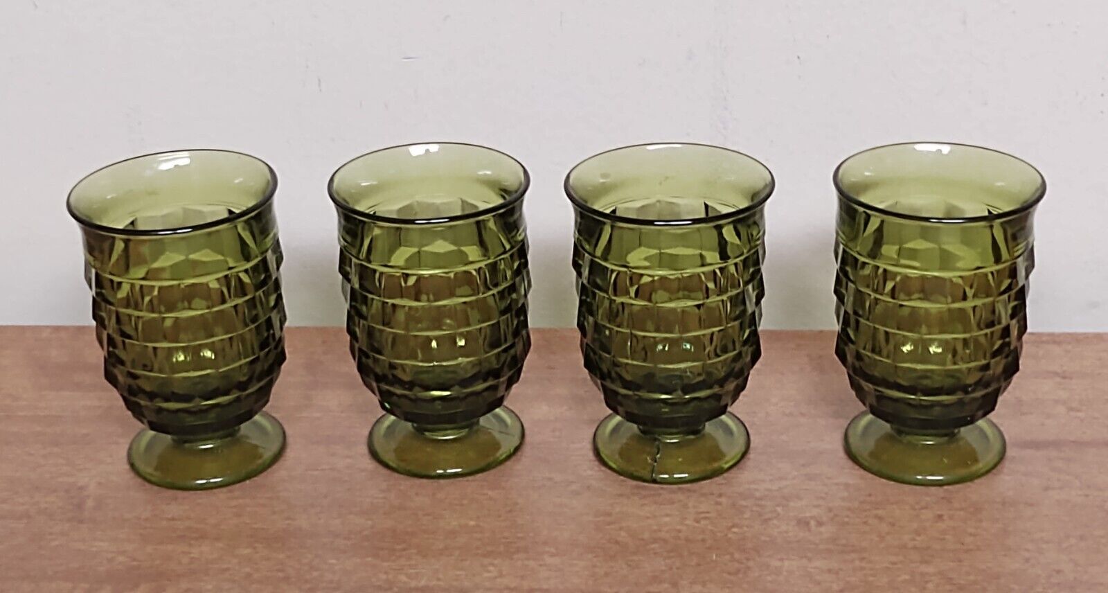 Set of 4 Vtg Whitehall Colony Avocado Green Footed Tumblers Juice Glasses 5oz