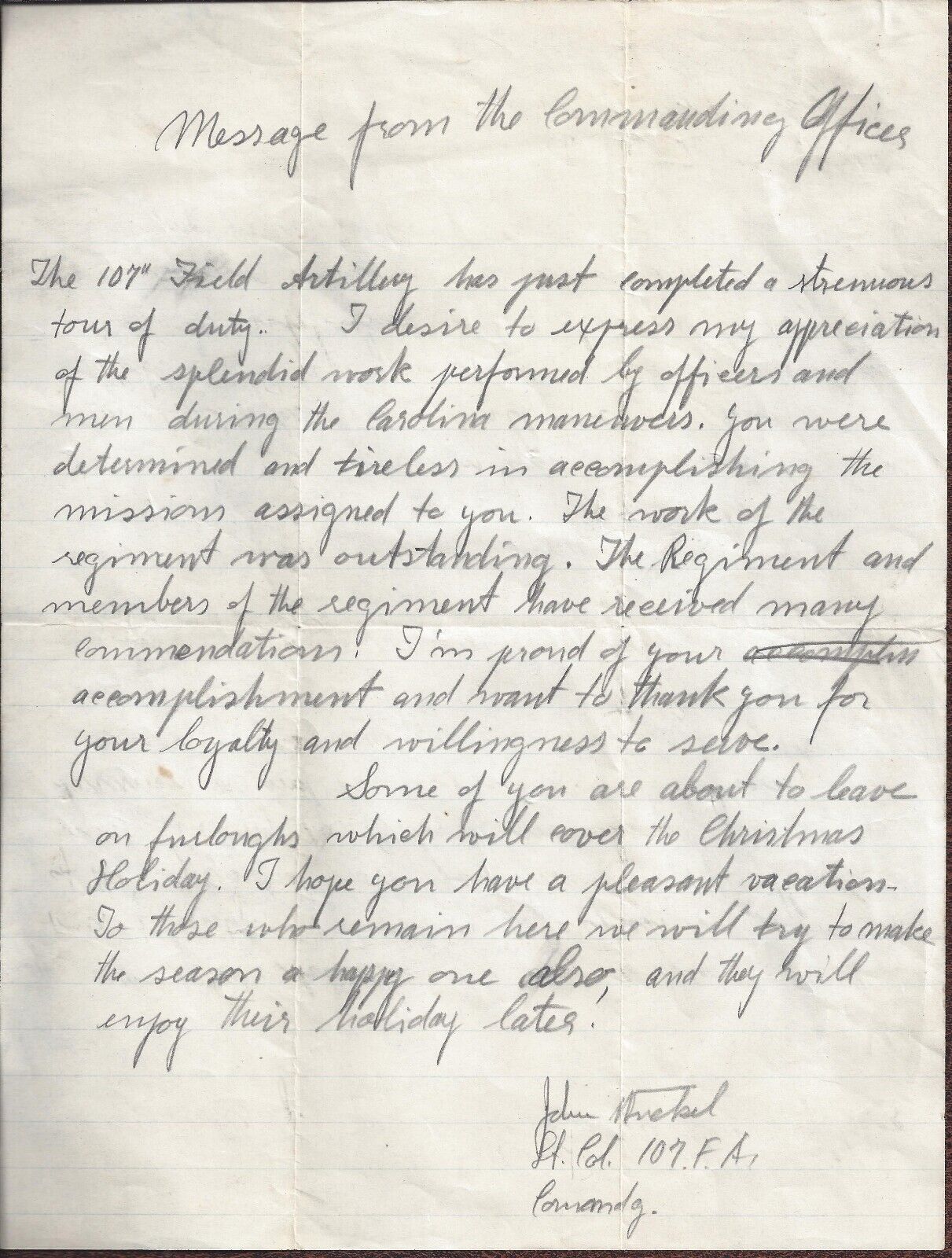 1941 107th Field Artillery Carolina Maneuvers Original Letter From Commanding