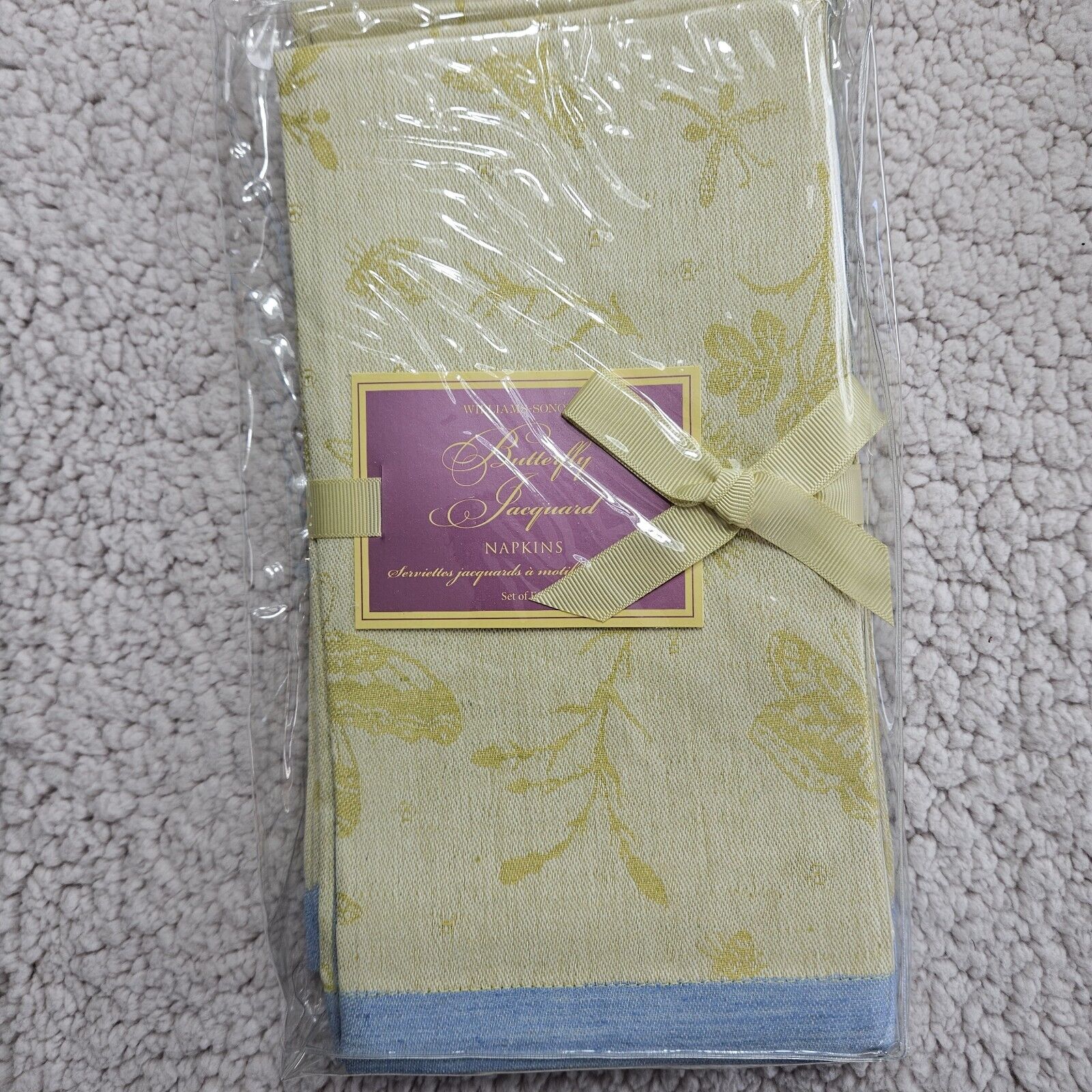 New Williams Sonoma Yellow With Gold Butterfly Jacquard Blue Trim Napkins