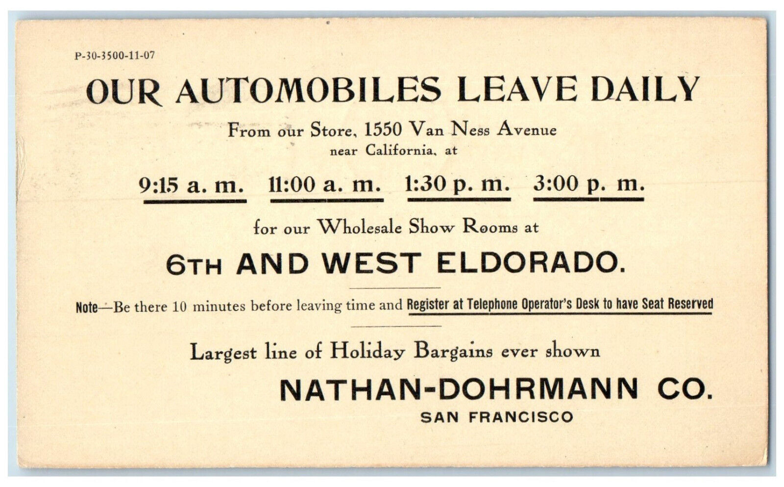 1907 Nathan-Dohrmann Co. Our Automobiles Leave Daily San Francisco CA Postcard