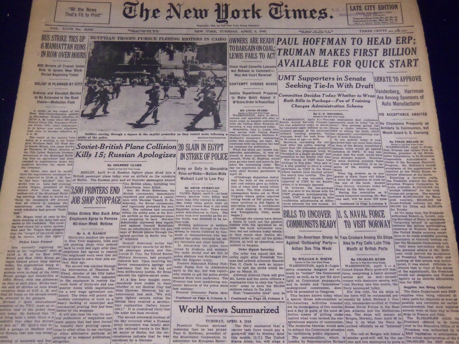 1948 APRIL 6 NEW YORK TIMES - POLICE STRIKE IN EGYPT KILLS 20 - NT 3538