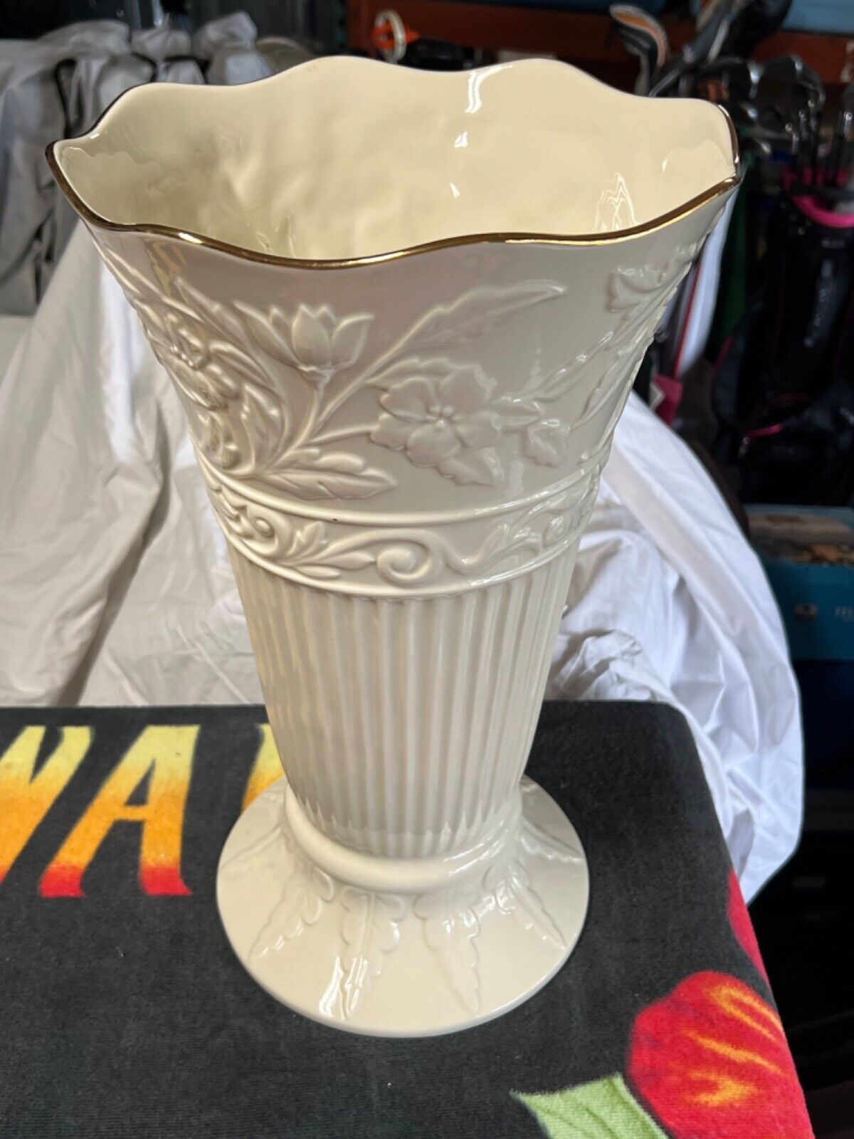 LENOX Princeton Vase Ivory w/ Gold Rim Raised Floral Design 16\