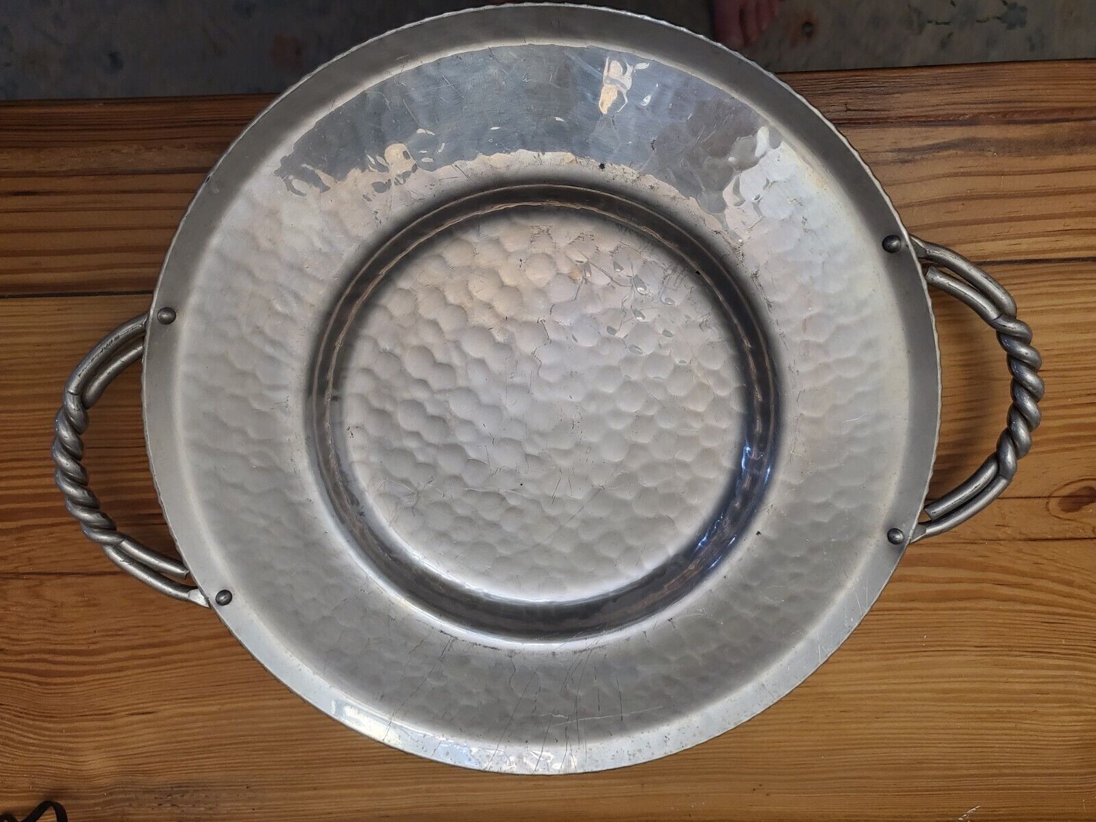 Vintage BW Buenilum Hammered Aluminum Bowl Braided Handles 12 Inch