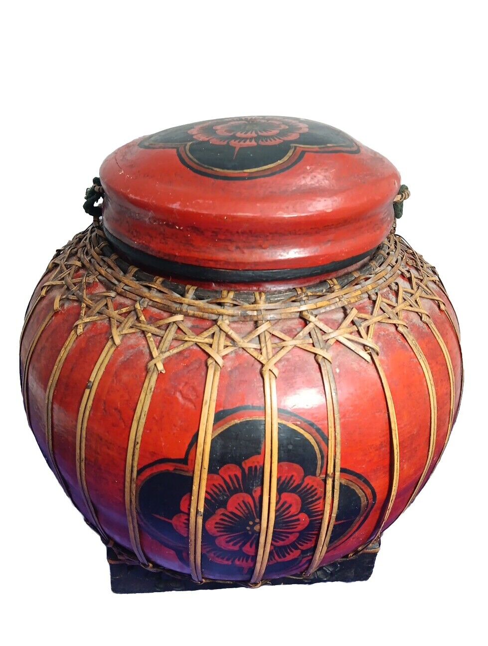 Large Northern Thai Handcrafted & HandPainted Bamboo Rice Storage Container 12in