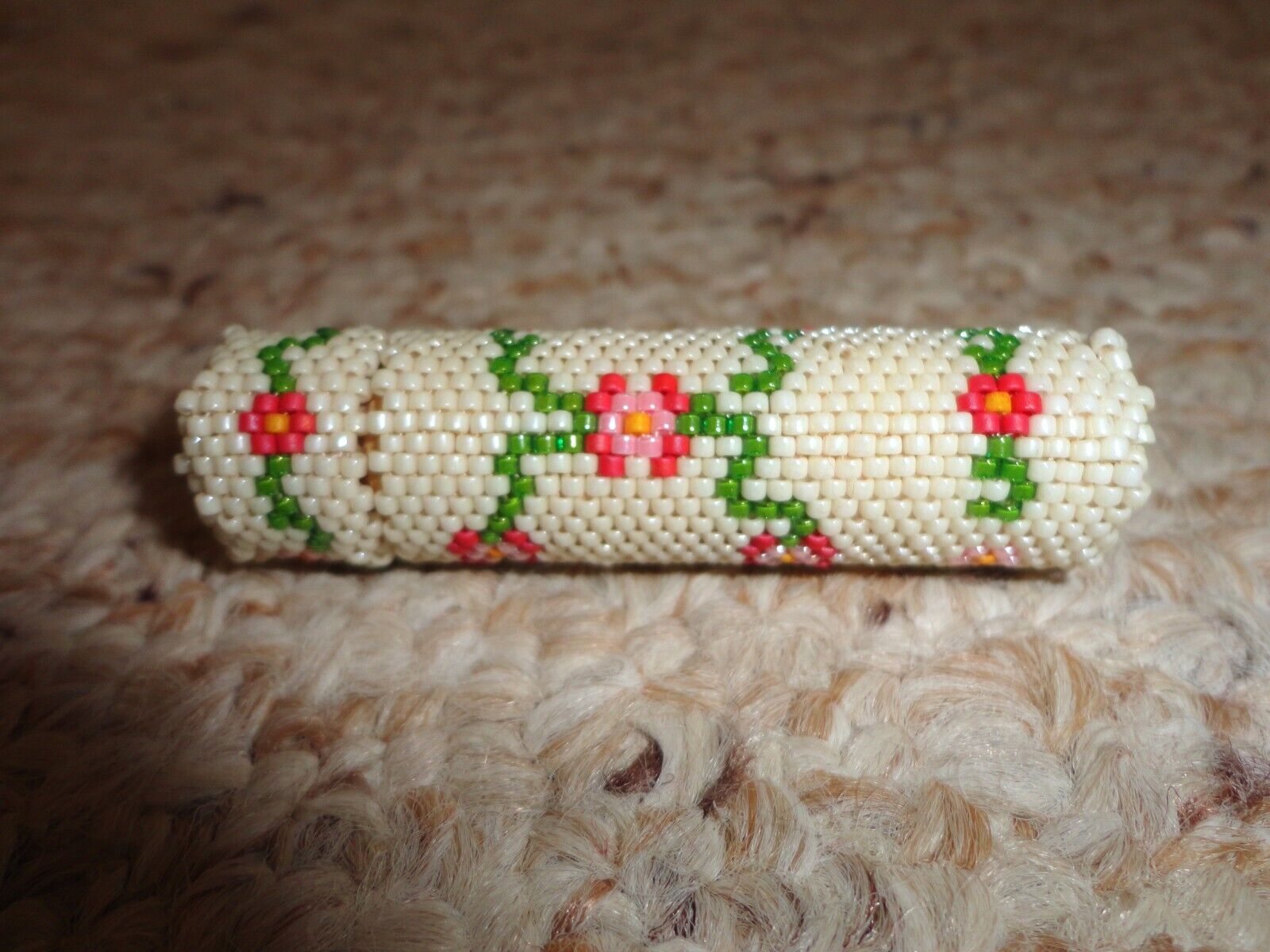 Needle Case Holder Hand Beaded Flower Over Wood Sewing Collectible