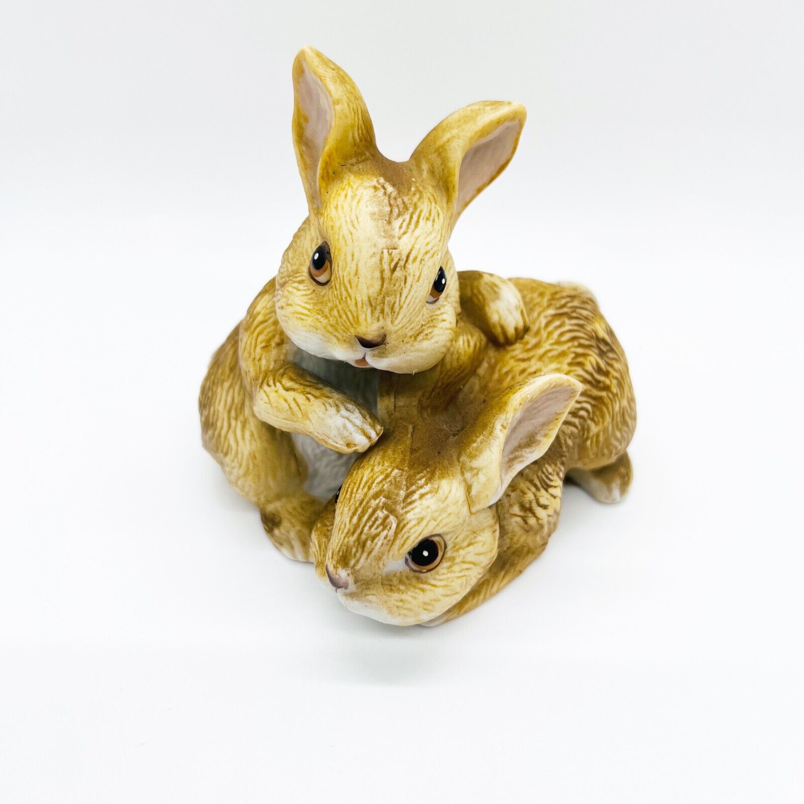 Homco Pair Snuggling Bunny Rabbits Porcelain Figurine #1455
