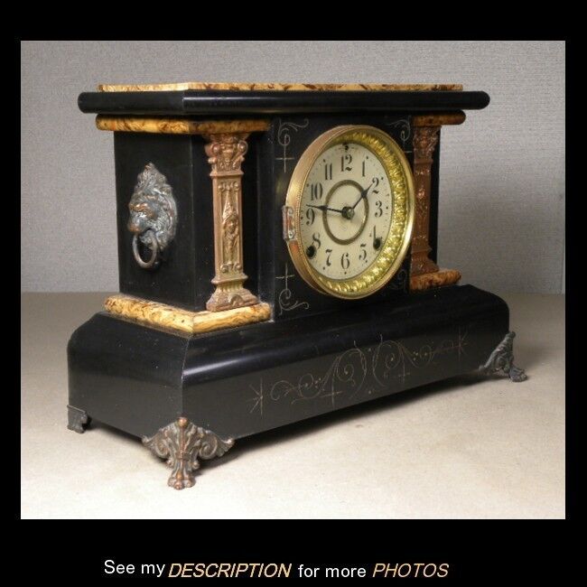 Antique Seth Thomas Butterscotch & Black Adamantine Mantle Clock Ladies Heads