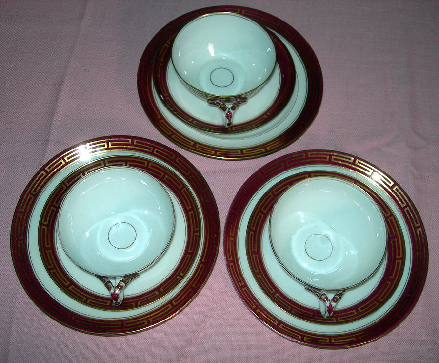 Three (3) Unmarked Burgundy/Gold Greek Key Cup/Saucer/Plate Sets * Elegant