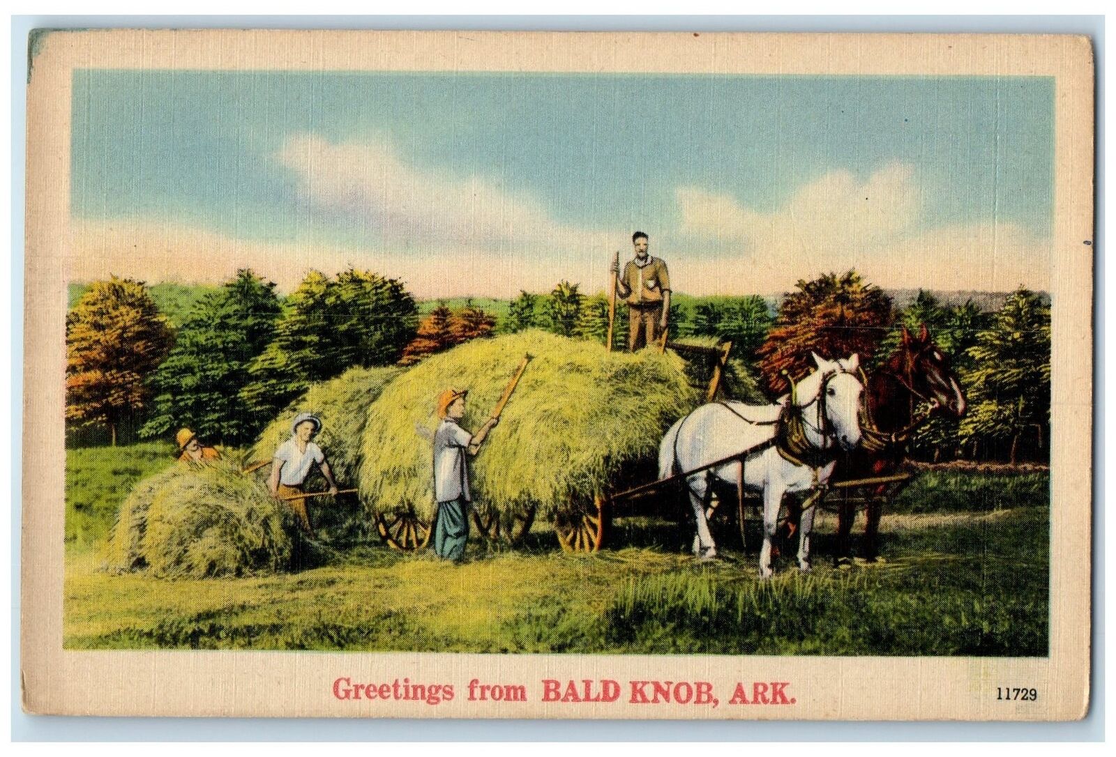 c1940 Greetings From Bald Knob Farmers Harvesting Arkansas AR Unposted Postcard