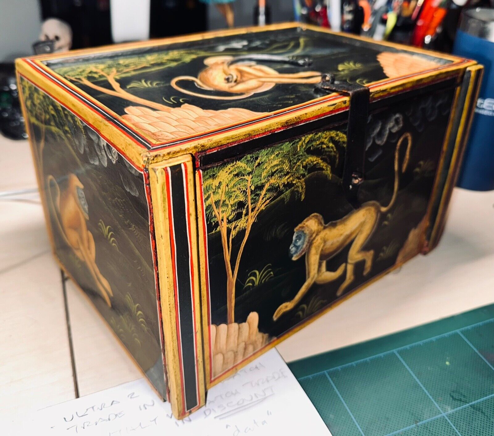 Unique Vintage Indo-Portuguese Hand Painted Apothecary Box / Fall-Front Cabinet