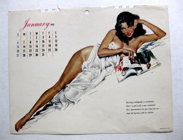 Authentic January 1952 Chiriaka Pinup Girl Calendar Page Flirty Brunette