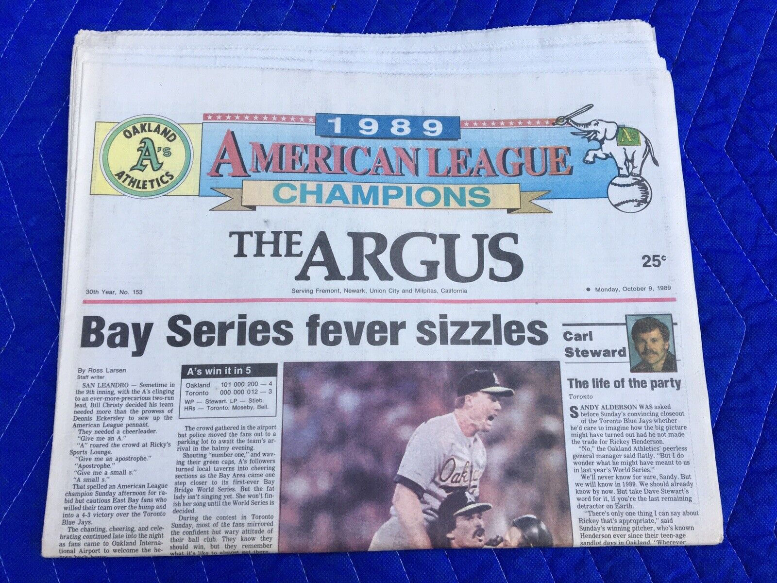 1989 A.L. CHAMPS A\'S OAKLAND MARK McGWIRE COMPLETE NEWSPAPER OCTOBER 9 1989 