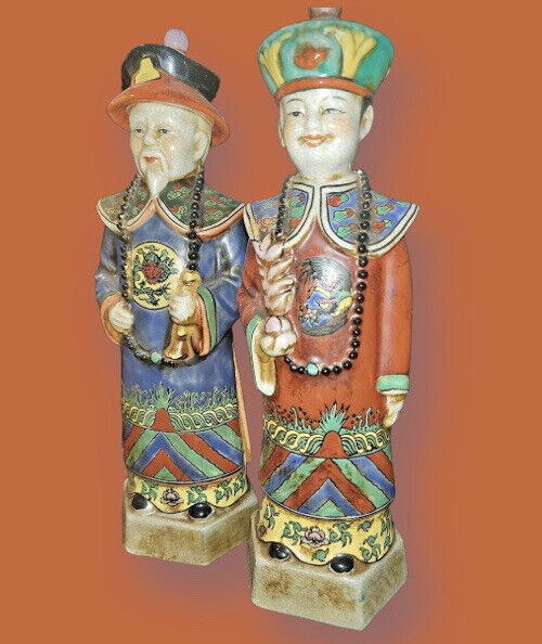 Set of Two Large Chinese Porcelain Polychrome Qing Emperor Figures Vintage