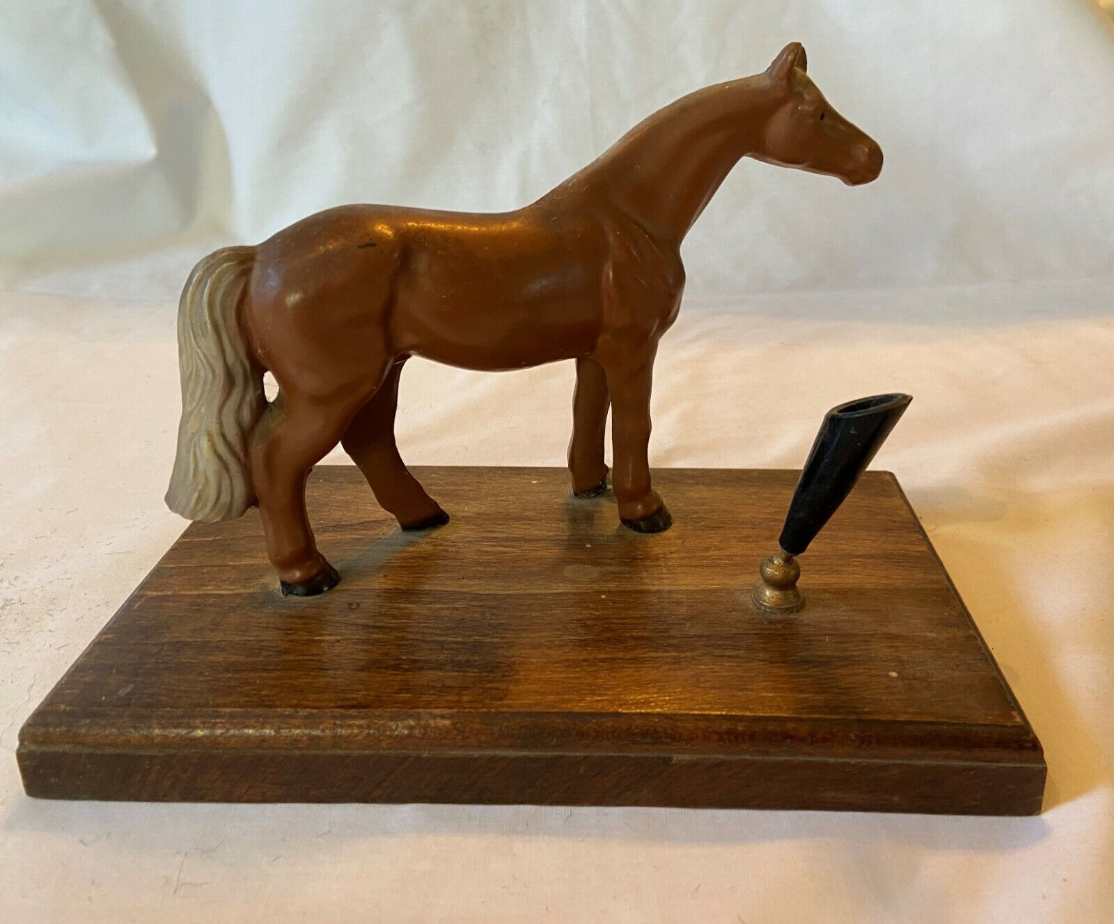 Vintage Enameled Cast Metal Horse w Wood Base Desk Accessory Pen Holder 