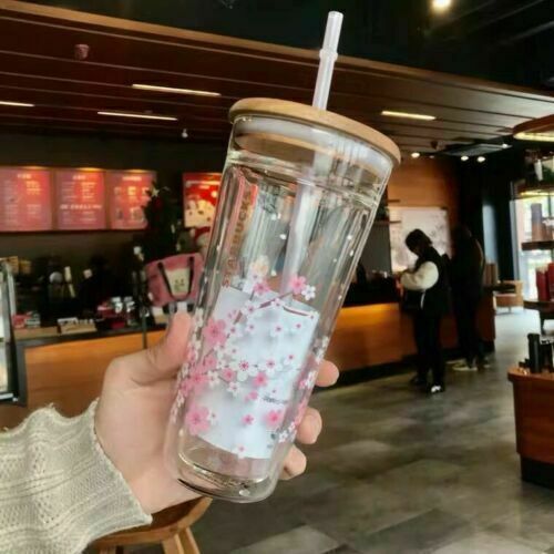 Starbucks Tumbler Pink Sakura Double Glass Straw Cup 591 ml Mugs W/ Topper Gift