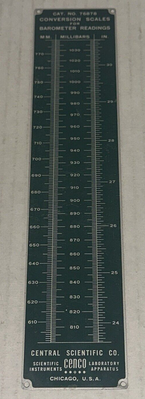 Vintage Central Scientific Co Cenco Barometric Pressure Conversion Table Chart