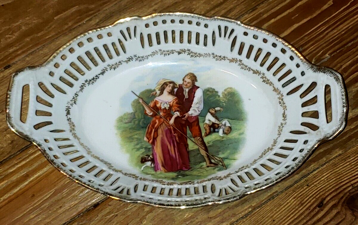 Vintage Porcelain German Portrait Scenic RETICULATED Oval Bun Bowl 11 1/2\