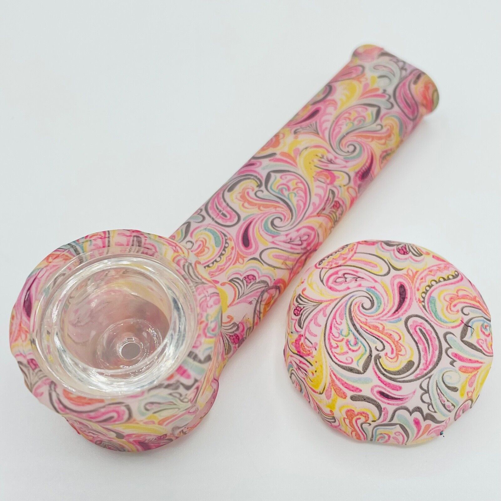 Silicone Smoking Pipe with Glass Bowl & Cap Lid | Glow-n-dark Paisley | USA