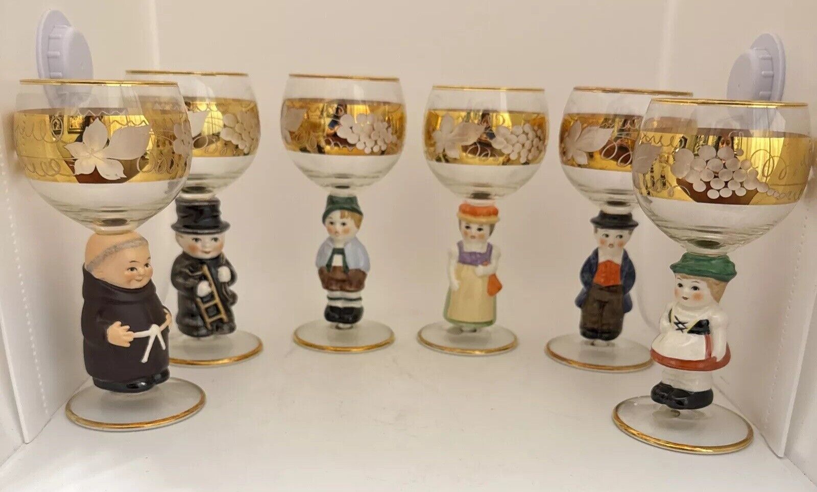 Goebel Hummel Figurine Stem Wine Glasses 14K Gold Trim Germany  Lot of 6