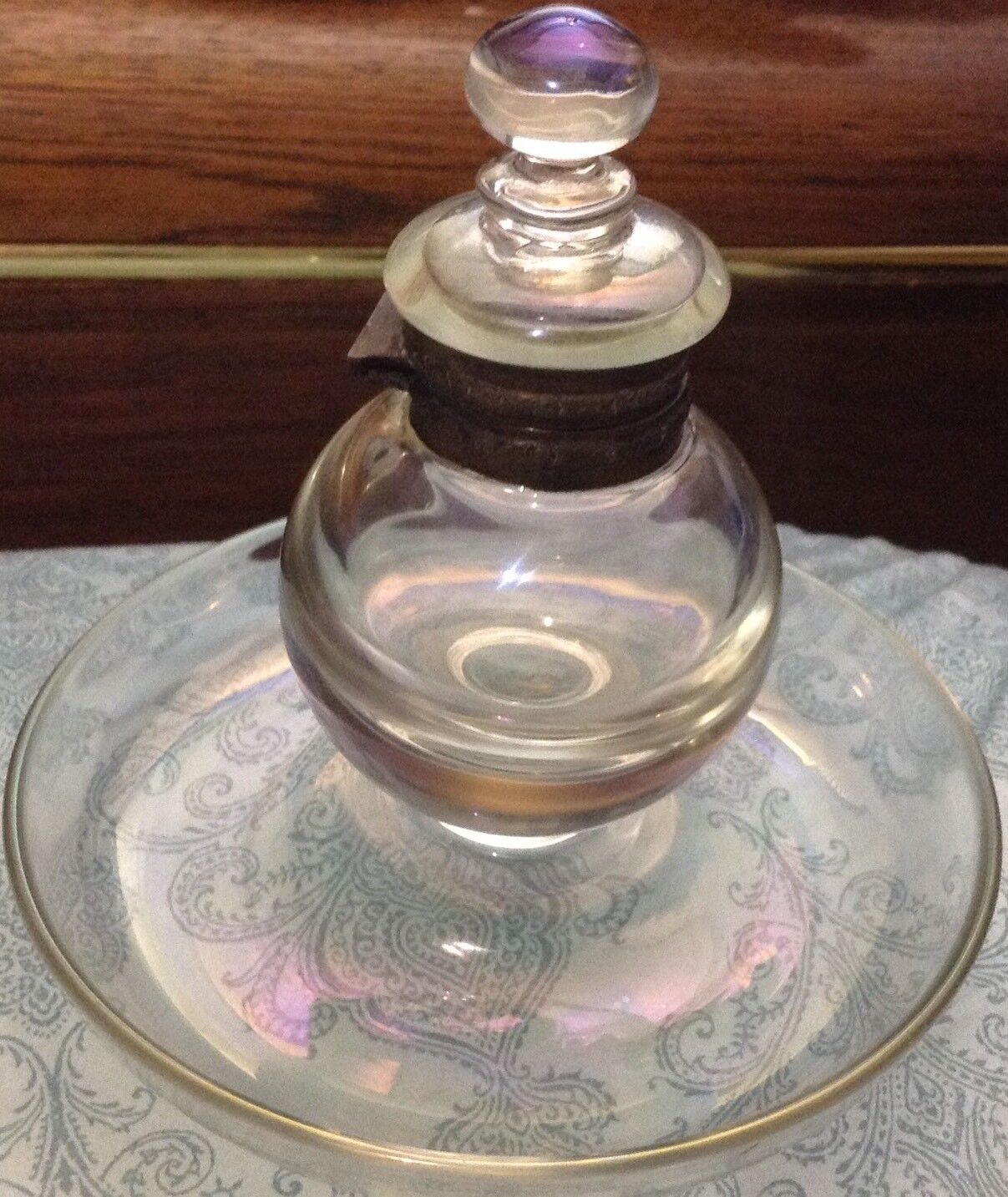 Antique Inkwell ~ Clear  Glass Reddish/Purple Tint noted  Brass Hinged Lid   