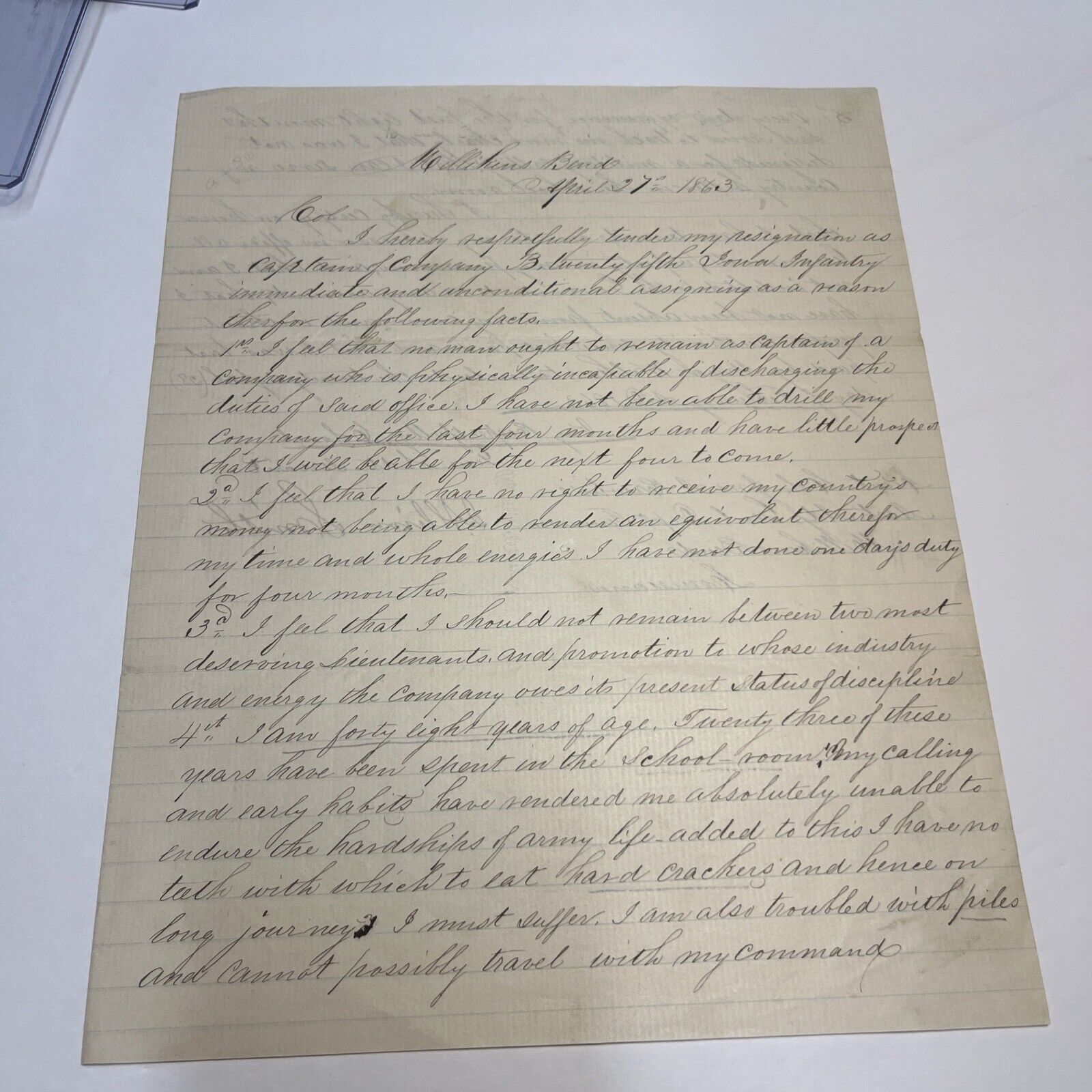 1863 Civil War Letter Of Resignation W