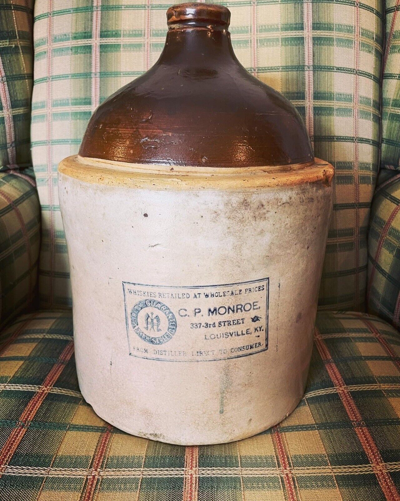 Rare C.P. Monroe Louisville Kentucky 2 Gallon Stoneware Whiskey Jug Crock Bottle