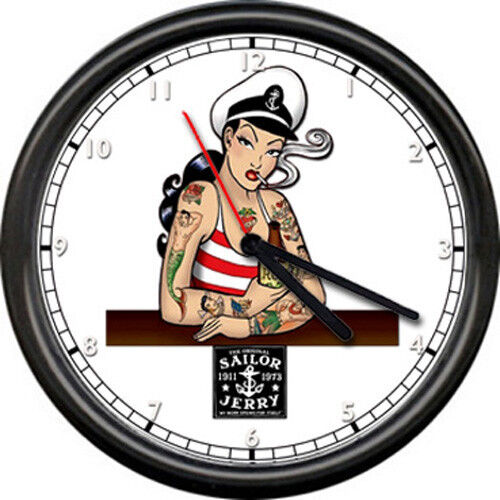 Sailor Jerry Rum Tattoo Shop Girl Retro Rockabilly Sign Wall Clock 
