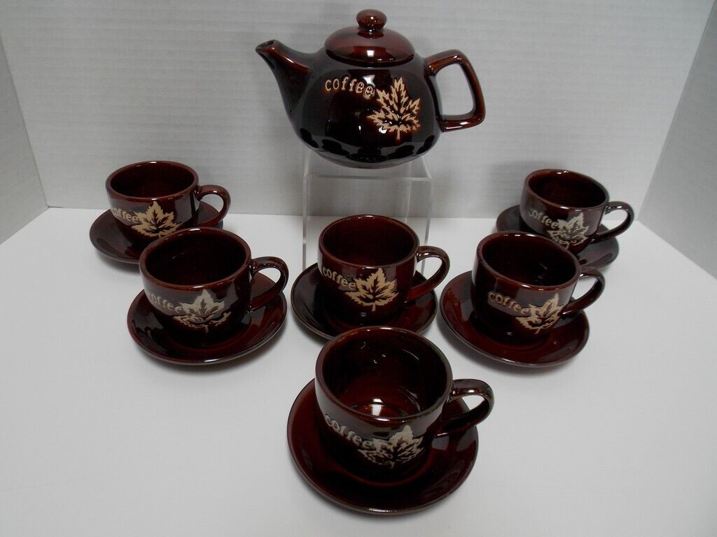 Montmouth? Small Coffee Pot & Cups/Saucers Maple Leaf Brown Glazed VTG/Antique?