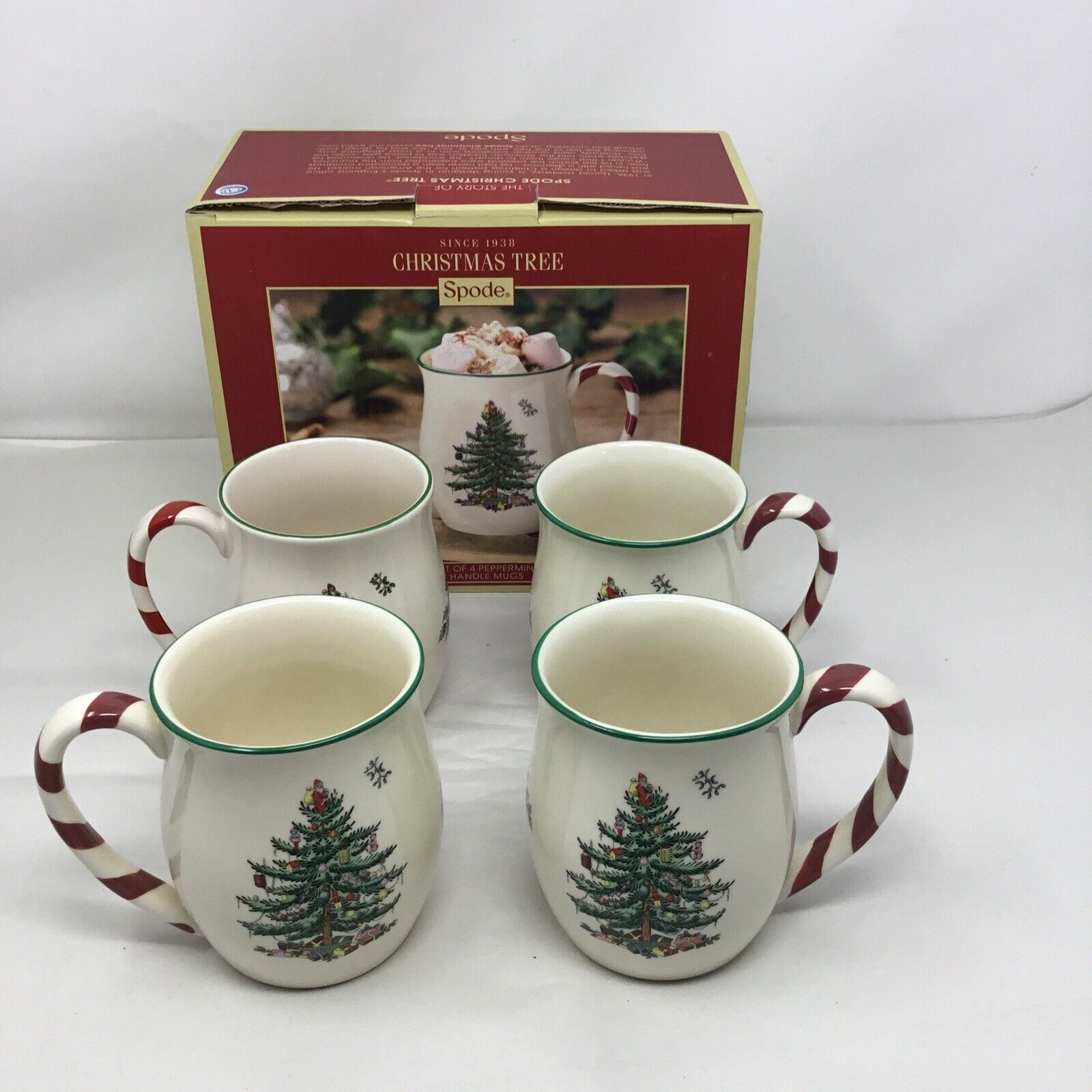 Spode Christmas Tree Peppermint Stripe Handle Mugs Set of 4 in Box