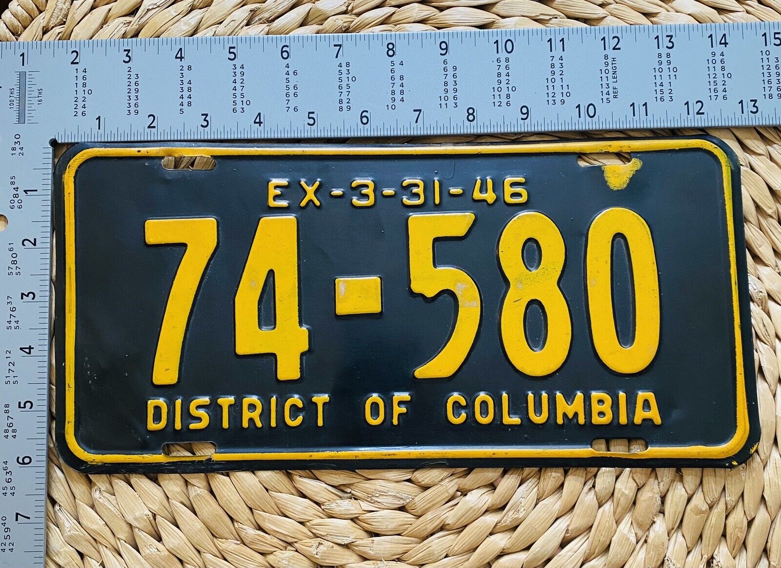 1945 1946 Washington DC District Of Columbia License Plate 74-580 ALPCA Decor