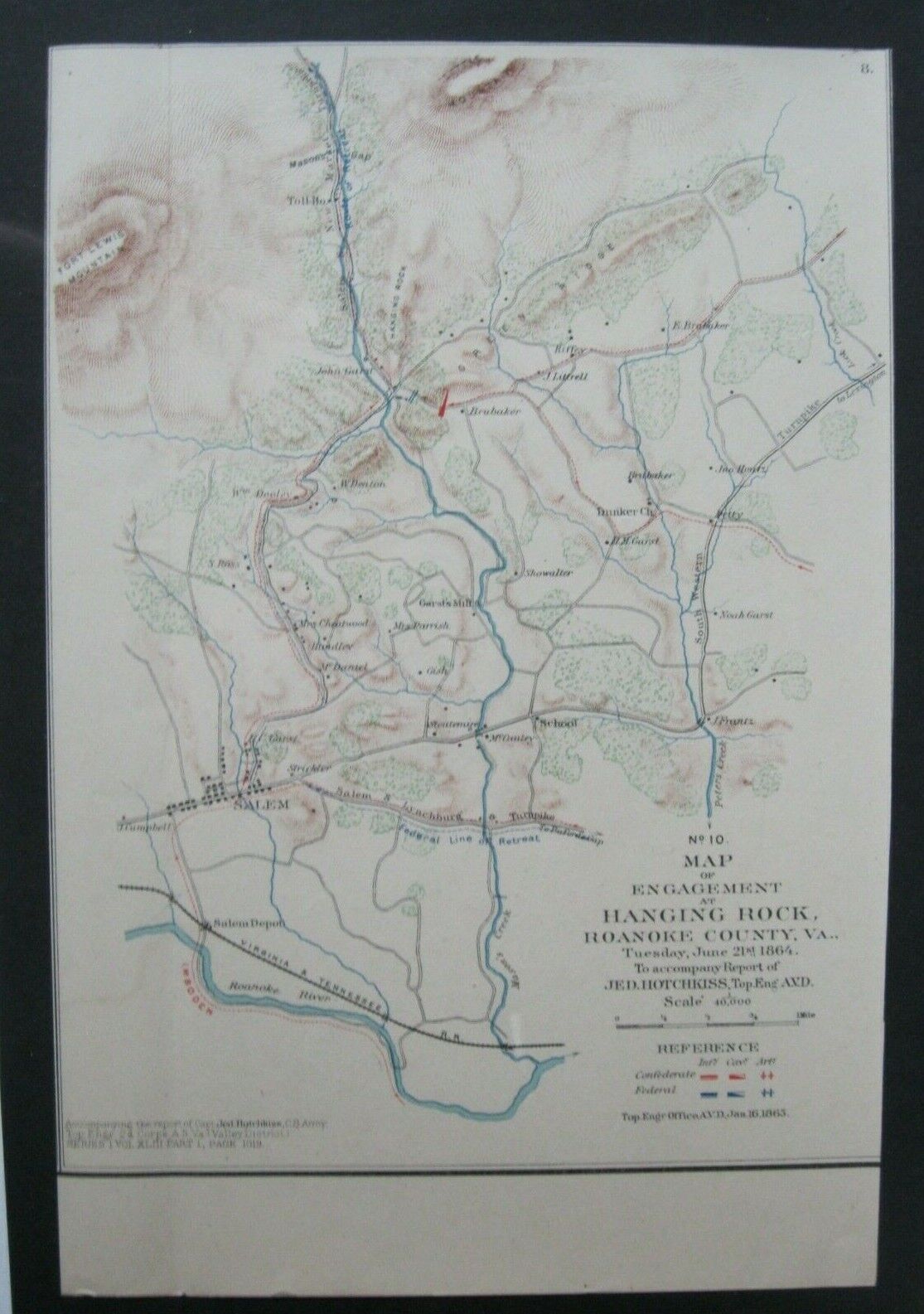Antique Civil War Rare Hotchkiss Map :Engagement at Hanging Rock June 21st 1864