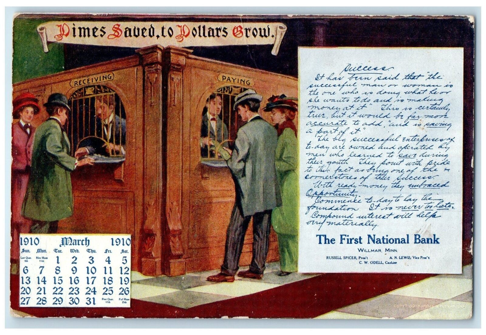 1910 First National Bank Dimes Saved To Dollars Grow Willmar Minnesota Postcard