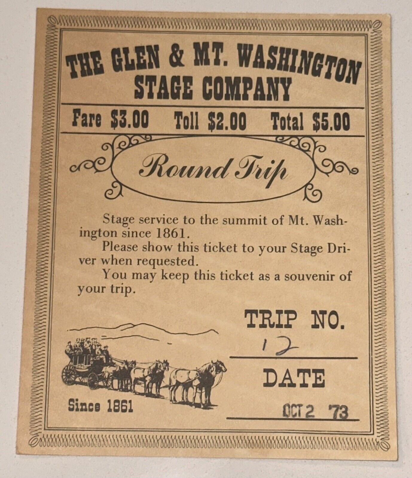 10/2/73 Vintage The Glen Mt Washingtonn Stage Company Round Trip #12 Ticket Stub
