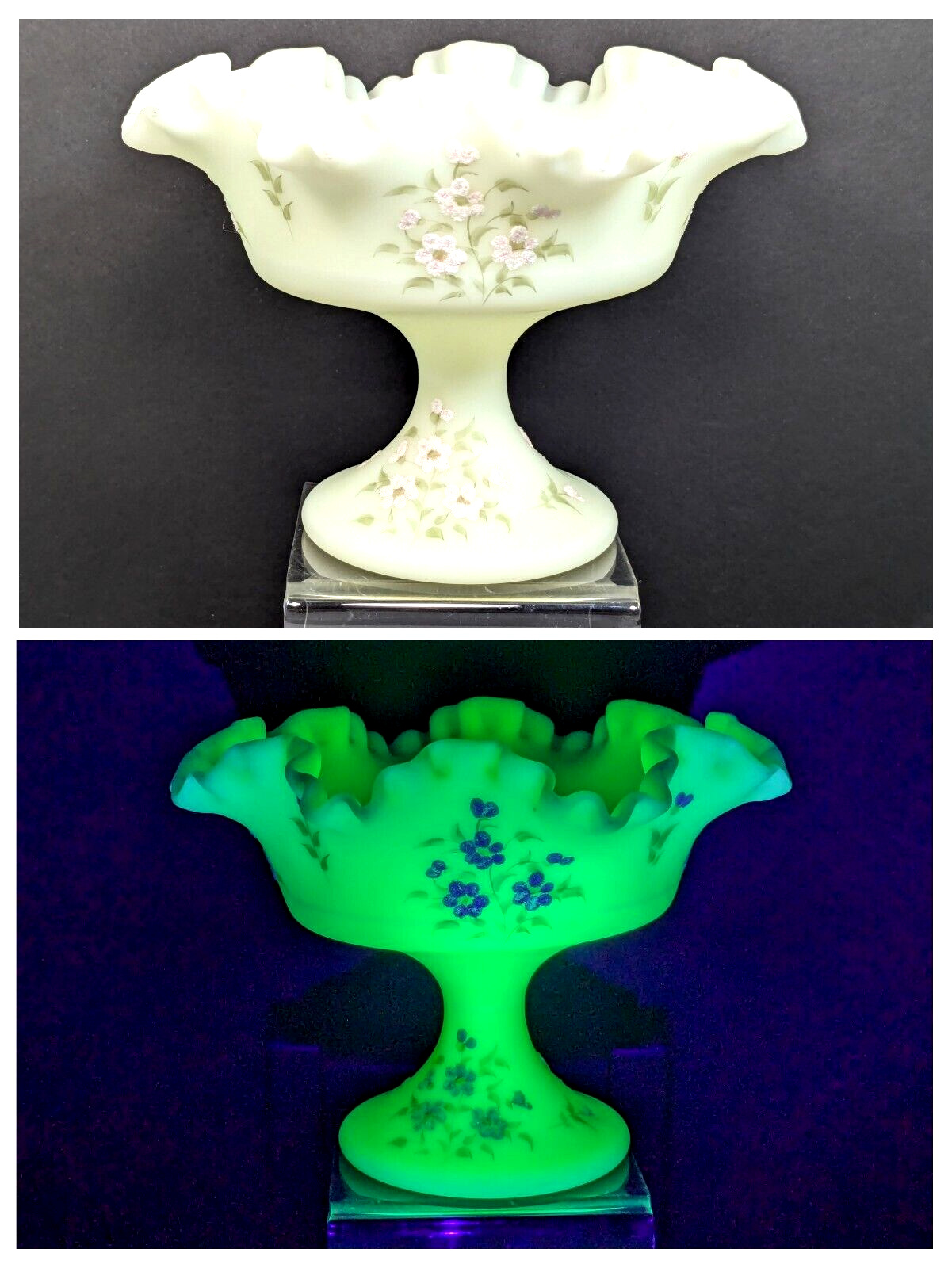 Fenton Custard Satin Compote Uranium Glass Glows Signed MB Metzger Hand Painted