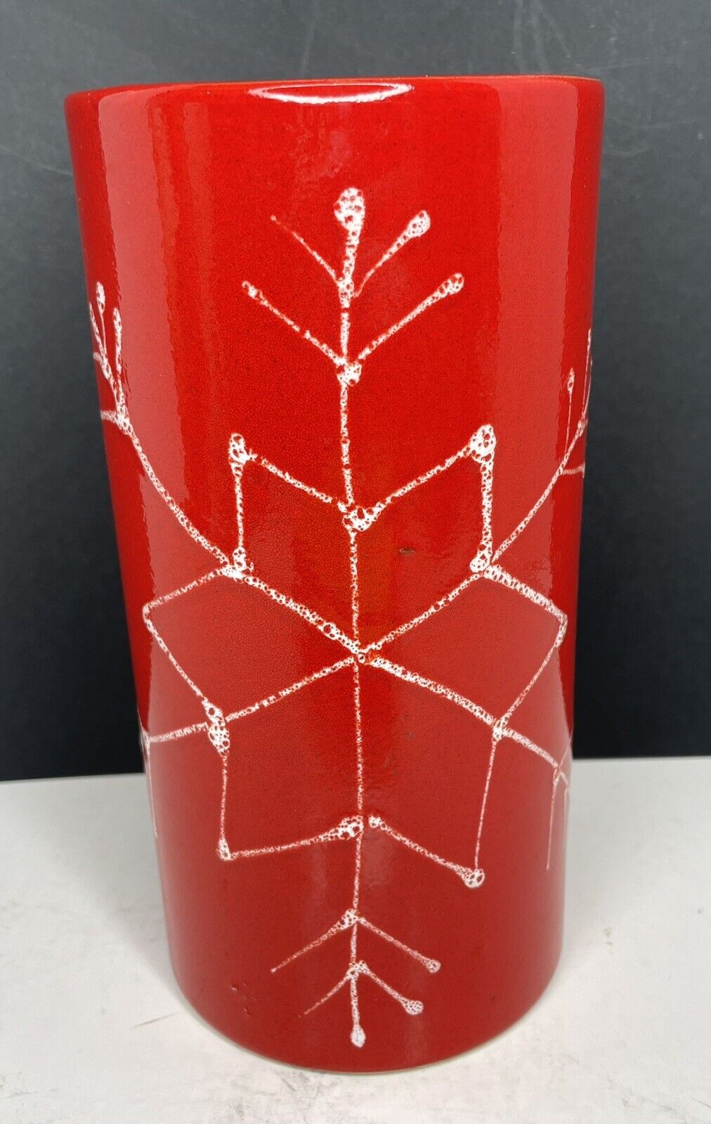 Hand Made Red Italian Vase With White Snowflake Ceramic Pottery Christmas
