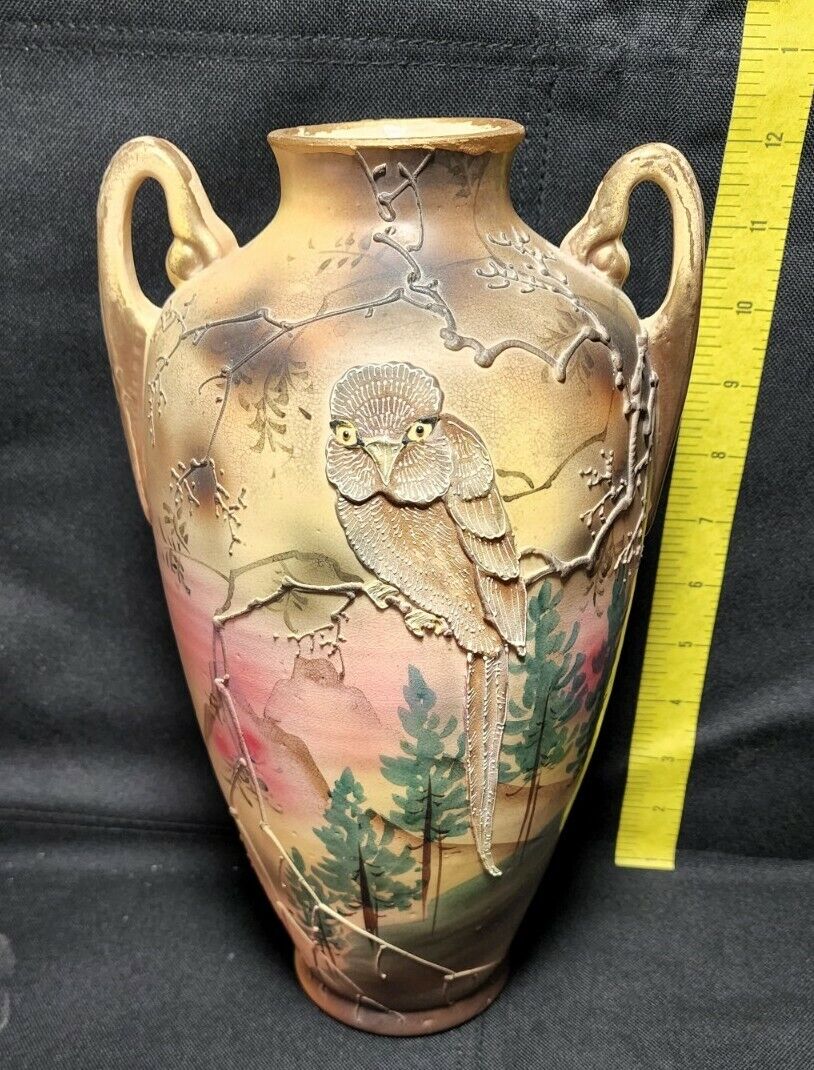 Antique Rare Nippon Moriage Owl/Parrot Bird Two Handled Ewer/Vase 