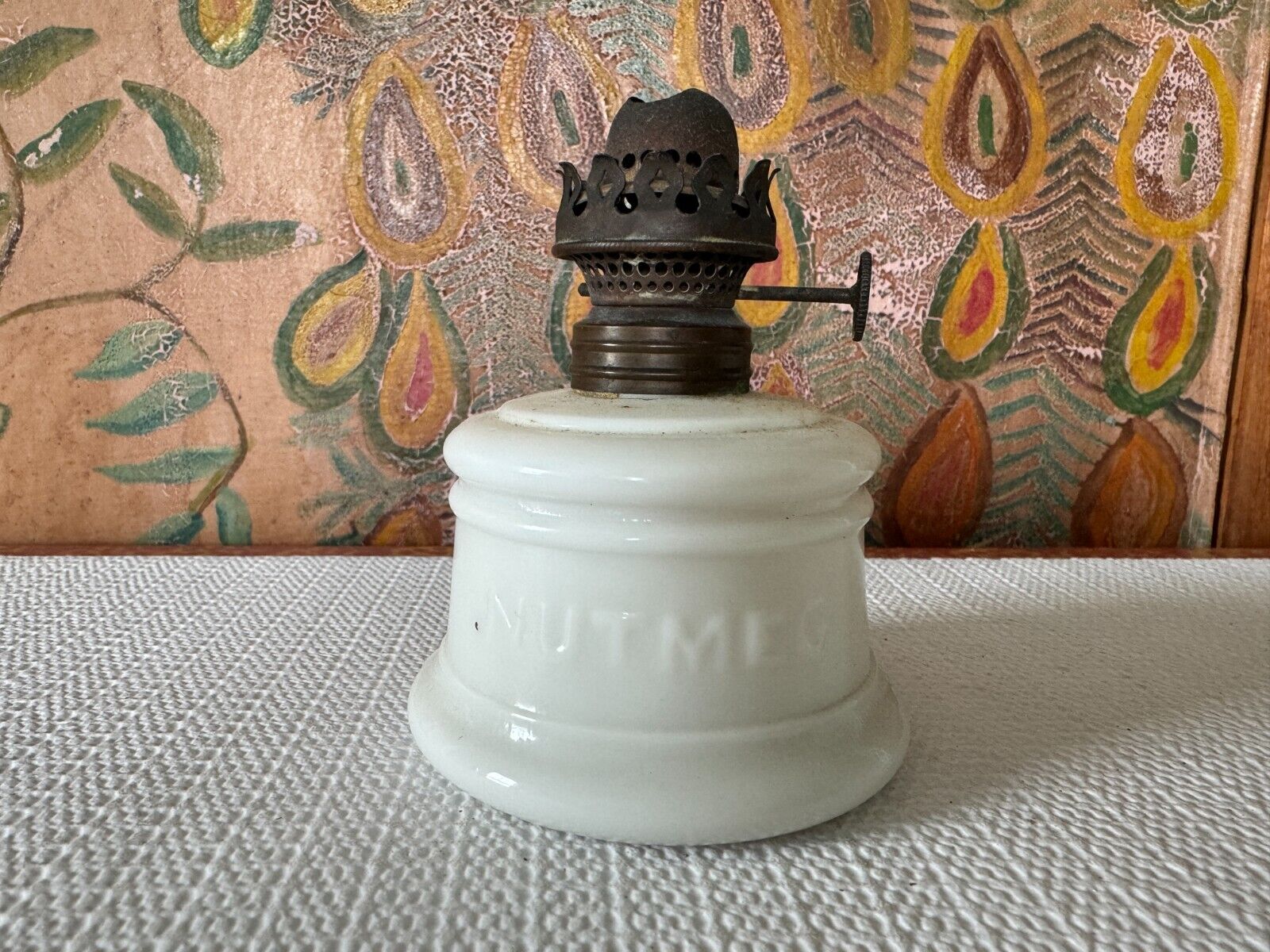 Antique Miniature P&A Acorn Nutmeg Milk Glass Oil Lamp