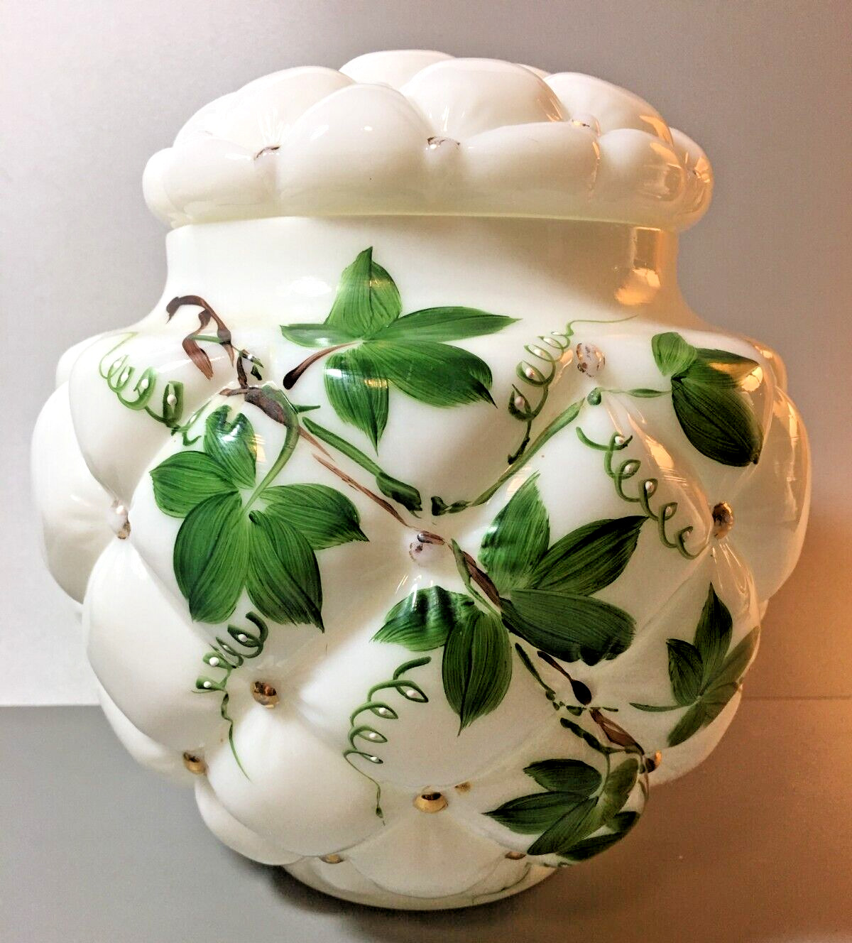 Antique Quilted Milk Glass Handpainted Ivy Biscuit Jar, Cookie Jar, Consolidated
